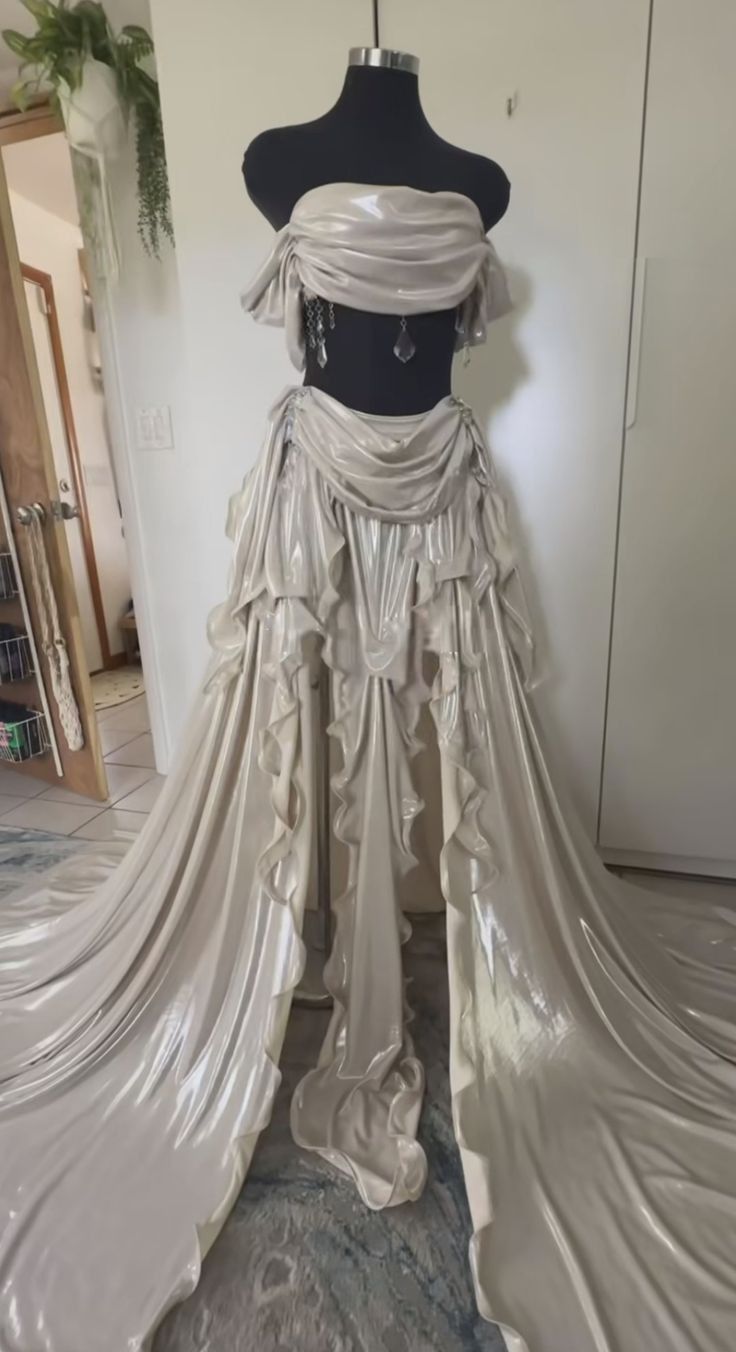 Silver White Fashion Tube Top Long Satin Two-piece Suit Floor Length Ball Gown Evening Dress Party Dress nv3338