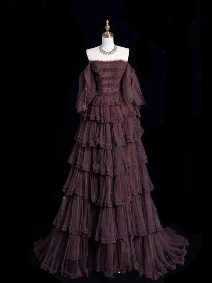 Dark Brown Tulle Strapless Beaded Tiered Train Starry-Sky Style Gown NV6229
