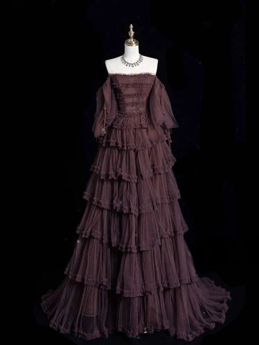 Dark Brown Tulle Strapless Beaded Tiered Train Starry-Sky Style Gown NV6229