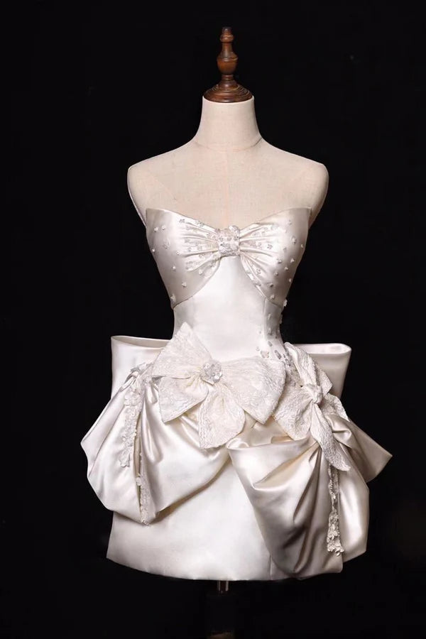 Robe de soirée courte en satin blanc, exquise, à perles, à la mode, robe de soirée d'anniversaire, nv5284