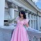 Pink Puff Sleeve Tulle Long Ball Gown Evening Dress Party Dress nv2702