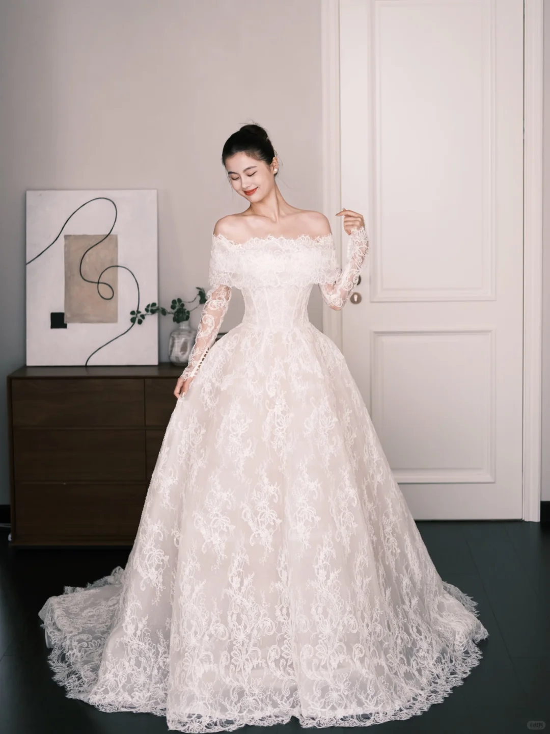 Vintage Lace Ball Gown Wedding Dress Off The Shoulder Long Sleeve Bridal Gown  NV7242