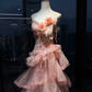 Strapless Pink Mermaid Prom Dress Hand Beaded Rhinestone 3D Flower Tiered Glitter Tulle Train  NV7038