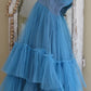 Blue Fashion Strapless Long Tulle Ball Gown Evening Gown Party Dress nv3319