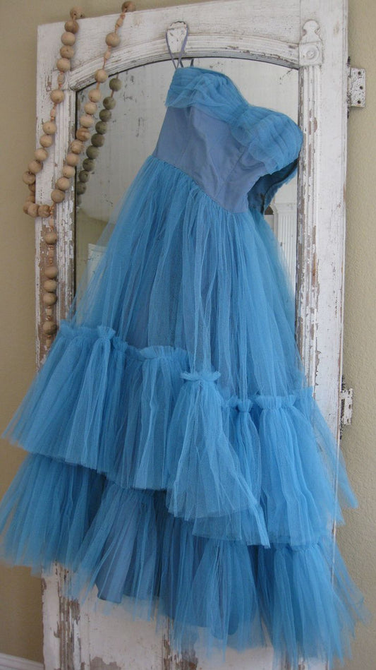 Blue Fashion Strapless Long Tulle Ball Gown Evening Gown Party Dress nv3319