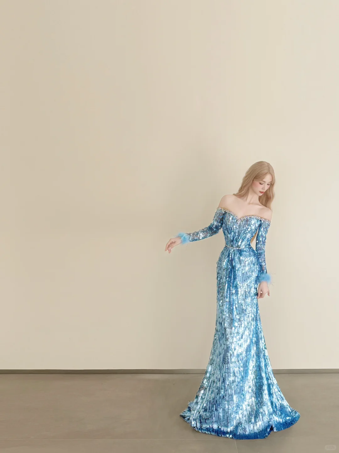 Ice Blue Sequin Off Shoulder Mermaid Prom Gown Long Sleeve Feather Formal Dress  NV7170