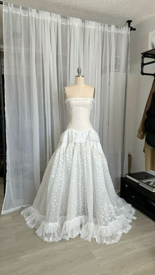 Weißes elegantes Spitzentüll langes Ballkleid Abendkleid Hochzeitskleid nv2816