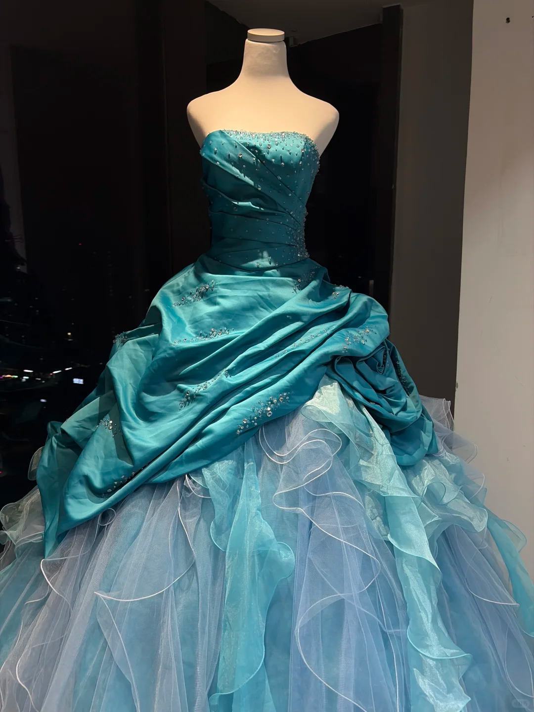 Turquoise Strapless Ball Gown Beaded Rhinestone Ruffle Tulle Formal Dress  NV6962