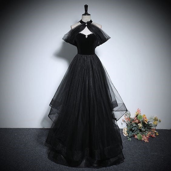Robe de bal noire chic et magnifique en perles et strass, coupe trapèze/princesse, col haut, sans manches, dos nu, longueur au sol/longue, robe de soirée formelle, nv2643