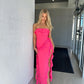 Robe de soirée élégante en mousseline de soie rose, sans manches, longue, à volants, fendue, sexy, pour les fêtes, les anniversaires, les bals, nv3953