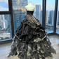 Strapless Black Gothic Ball Gown Rhinestone Beaded Bow Gradient Ruffle Tulle Prom Dress  NV7032