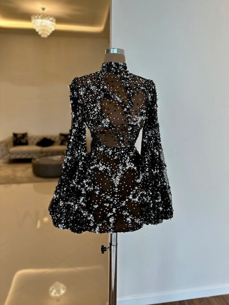 Schwarzes wunderschönes modisches, einzigartiges, glänzendes Pailletten-Kurzarm-Durchsicht-Ballkleid-Abendkleid-Partykleid NV3232