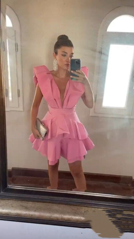 Rosa, modisches, schickes Homecoming-Kleid mit tiefem V-Ausschnitt, Partykleid nv2124