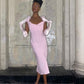 Robe de soirée mi-longue en satin rose à bretelles en fourrure nv3119