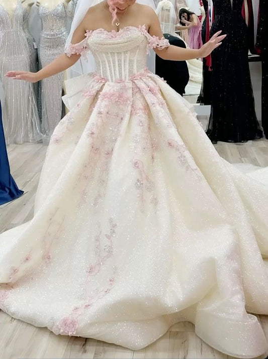 NiceVestidos – Weiß-Rosa Blumenmuster, glänzend, elegant, lang, Tüll, Ballkleid, Brautkleid NV5834