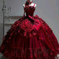 Robe rouge style palais rétro : tissu satiné, jupe à plusieurs volants, robe de soirée NV6436
