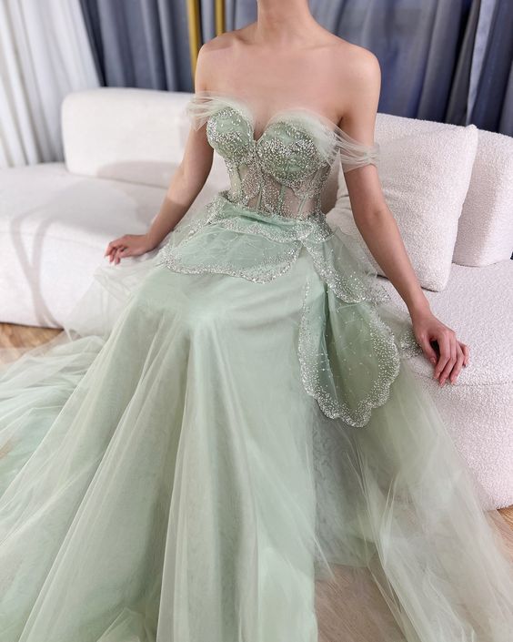 Green tulle shiny sequins sweetheart neck long prom dress evening dress nv2709