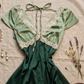 Two Tone Green Satin Short Homecoming Dress V Neck Flutter Sleeve White Lace Trim Vintage A-Line Cocktail Gown  NV6910