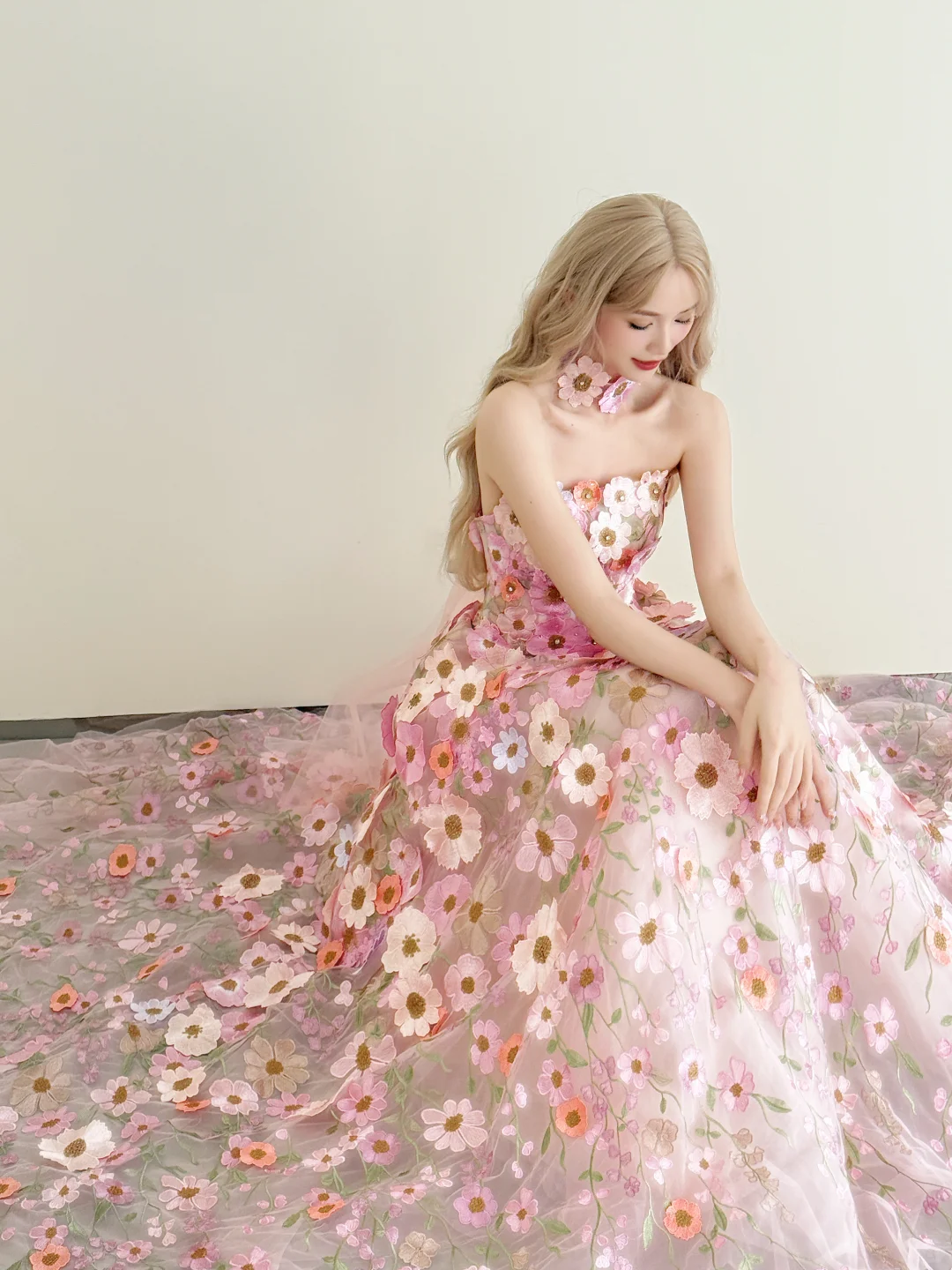 Pink 3D Floral Halter Prom Gown Tulle A-Line Formal Dress  NV7171