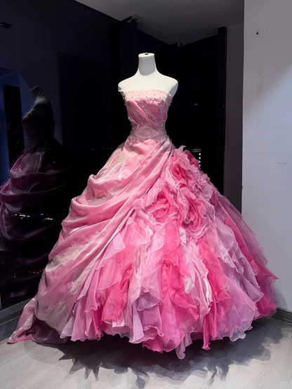 Hot Pink Ombre Strapless Ball Gown Beaded Lace 3D Rose Ruffle Tulle Prom Dress  NV6951
