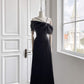 Black simple elegant spaghetti strap short sleeve long ball gown evening dress holiday party dress nv3086