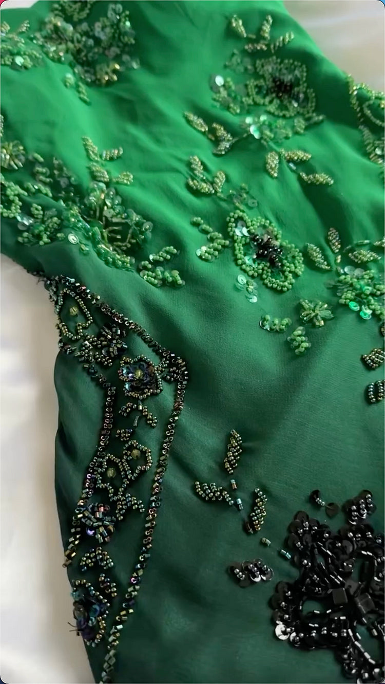 Robe de soirée longue en mousseline de soie, verte, brillante, à bretelles spaghetti, avec perles exquises, robe de bal, robe de soirée nv3577