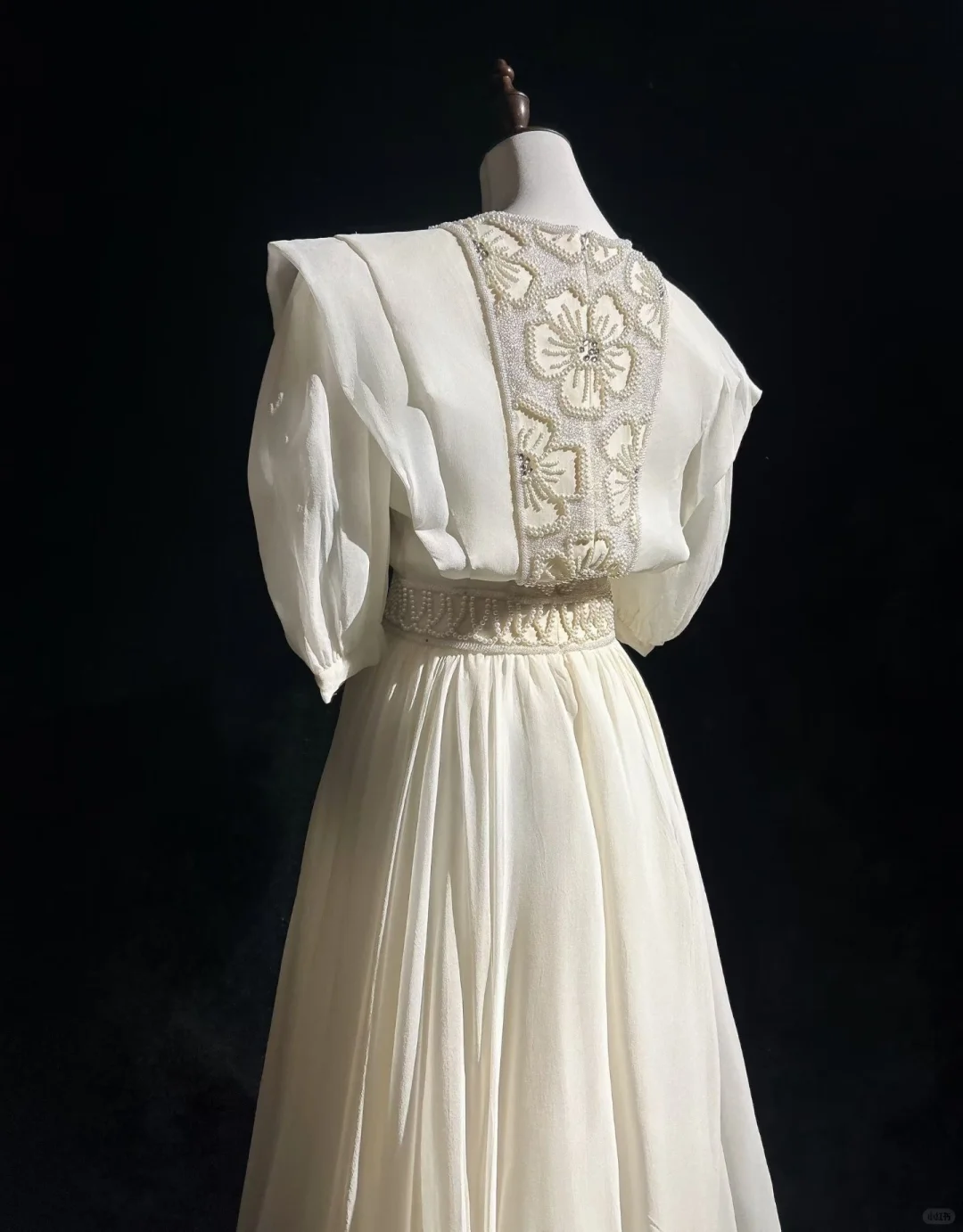 Cream White Vintage Tea Length Prom Dress Round Neck Puff Sleeve Floral Beaded Chiffon A-Line Formal Gown  NV6904