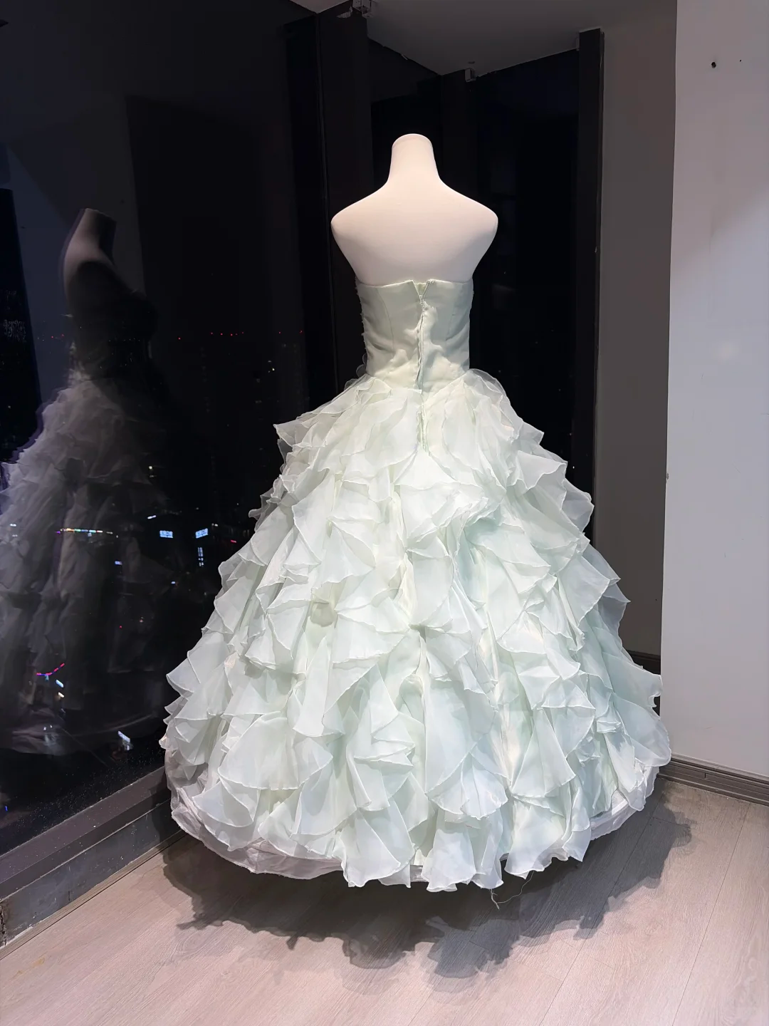 Light Mint Strapless Ball Gown Beaded Ruched 3D Rose Ruffle Organza Formal Dress  NV6960