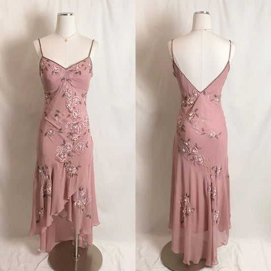 Pink delicate floral charming long chiffon beaded mermaid prom dress nv5358