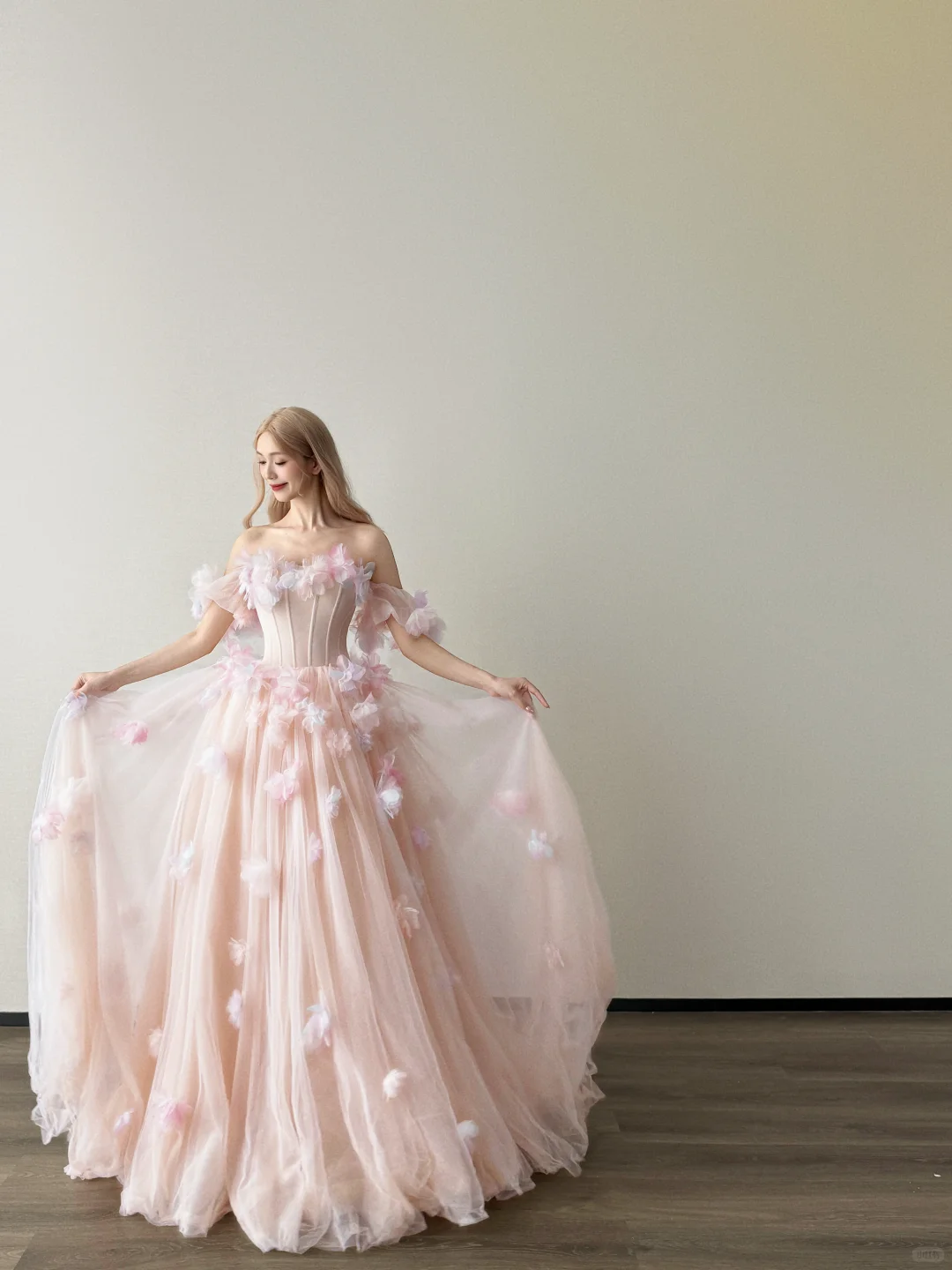 Off Shoulder Blush Pink Tulle Ball Gown 3D Floral Prom Dress  NV7125