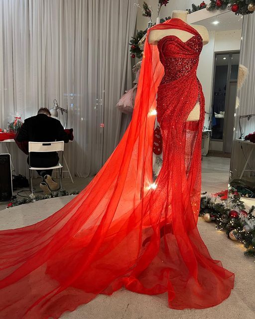 Red gorgeous shiny sequined heart-shaped neckline side long trailing slit tulle sexy ball gown evening dress nv3257