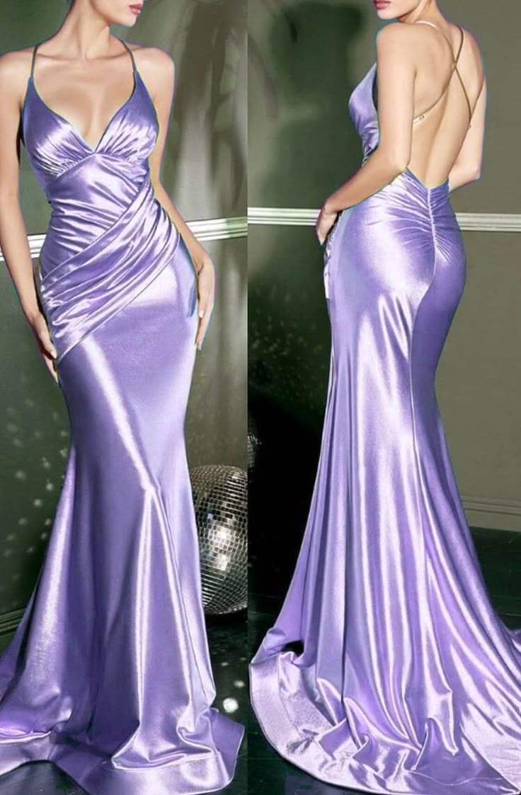 Robe de soirée élégante, col en V, bretelles spaghetti, longue, style sirène, slim, satin, empire, plissée, traînante, rose et violet, nv3933
