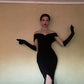 Simple Elegant Black V-neck Short Sleeve Long Sexy Slit Prom Dress Evening Dress Party Dress with Gloves nv3103