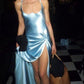 Robe de soirée longue en satin bleu élégant, bretelles, fente sexy, robe de bal, robe de soirée, robe de bal nv4028