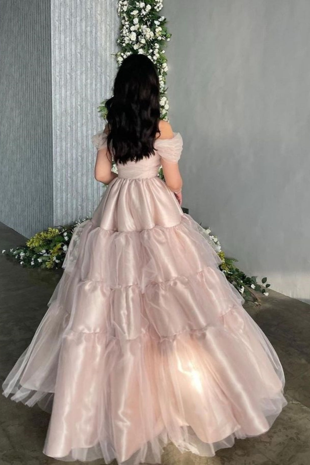 Pink Sweetheart Neck Short Sleeve Off-the-shoulder Long Tulle Evening Dress Princess Dress Formal Floor-length Satin with Pleats nv3151