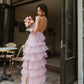 Robe de soirée longue en tulle rose à dos nu nv1353