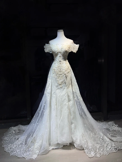Off Shoulder Ivory Mermaid Wedding Gown Beaded Lace Appliques Detachable Long Tulle Train  NV7062
