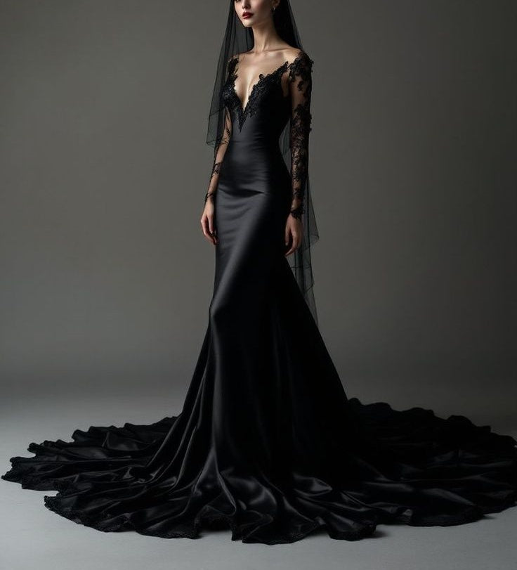 NiceVestidos – Schwarzes, elegantes Satin-Abendkleid mit langer Schleppe NV6024