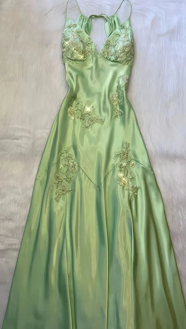 Robe de soirée longue style sirène, vert sauge/rose, vintage, col en V, bretelles spaghetti, dos nu, robe de bal formelle, nv3599