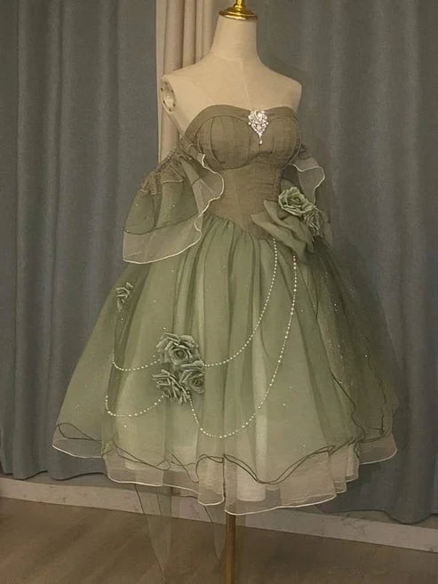 Robe de soirée courte en tulle à fleurs, verte, épaules dénudées, coupe trapèze, mini robe d'anniversaire, robe de bal, nv4172