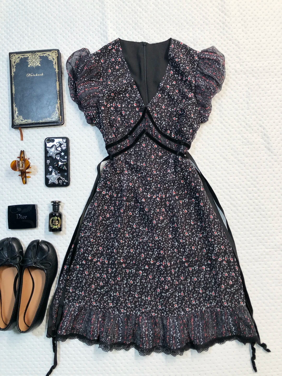 Black Floral Print Short Homecoming Dress V Neck Puff Sleeve Velvet Trim Lace Hem Vintage Cocktail Gown  NV6915
