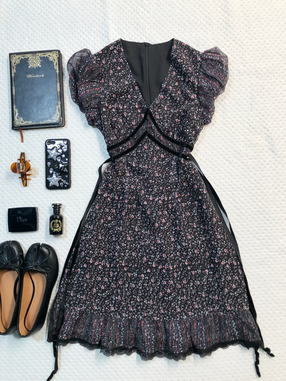 Black Floral Print Short Homecoming Dress V Neck Puff Sleeve Velvet Trim Lace Hem Vintage Cocktail Gown  NV6915