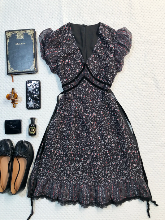 Black Floral Print Short Homecoming Dress V Neck Puff Sleeve Velvet Trim Lace Hem Vintage Cocktail Gown  NV6915