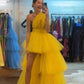 Yellow tulle layered fashion unique maxi dress long ball gown evening dress nv2669