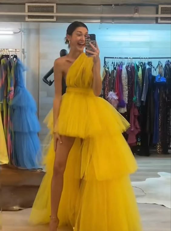 Yellow tulle layered fashion unique maxi dress long ball gown evening dress nv2669