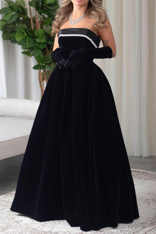 Black Fashion Tube Top Simple Long Velvet Elegant Ball Gown Evening Dress With Gloves nv3181