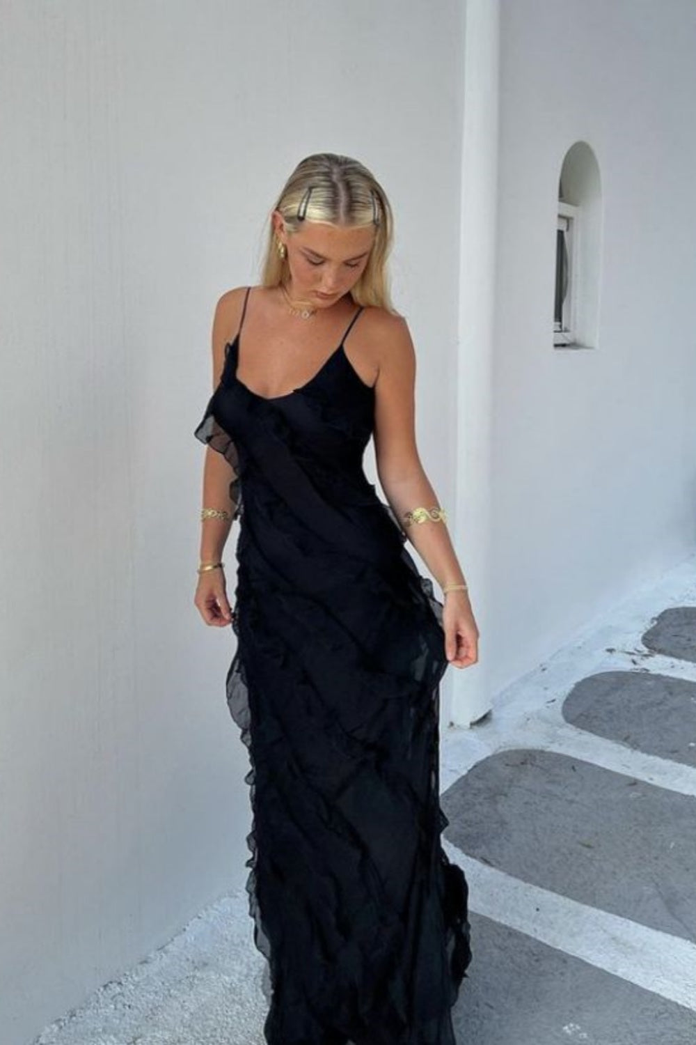 Black Fashion Elegant Ruffle Long Mermaid Slim Tulle Ball Gown Evening Dress Wedding Guest Party Dress nv3212