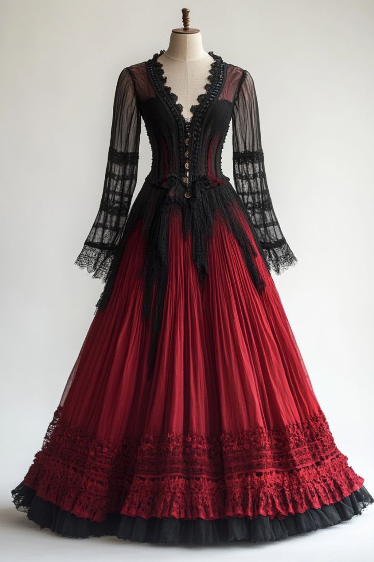 NiceVestidos – Rotes, langärmeliges Tüll-Ballkleid NV6054