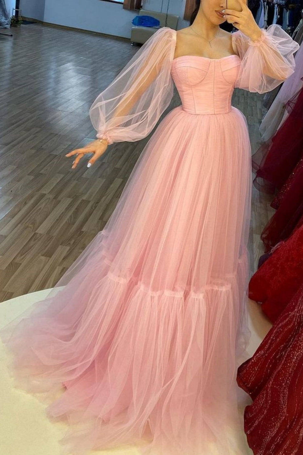 Pink Fashion Strapless Elegant Wide Sleeve Long Tulle Ball Gown Evening Dress nv3215