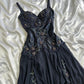 Marineblaues, dunkles, kurzes Vintage-Satin-Heimkehrkleid, nv5352
